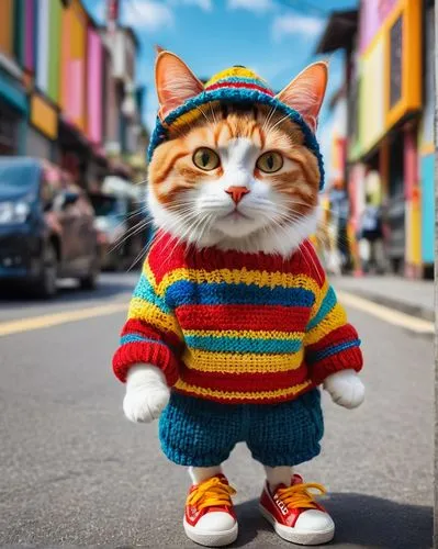 Calico cat, cat standing and posing on the street, wearing a striped shirt and sneakers, in pop art style, light red and yellow, knitted and crocheted style, wearing a colorful sweater, shorts, and ha