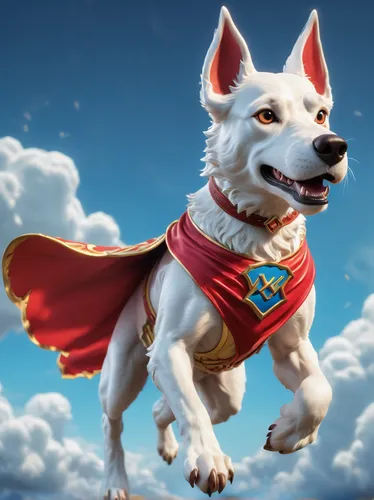 krypto the superdog in a floating action pose, looking at camera, forward facing, 3d, 8k, comic book style,flying dog,superman,super man,dog angel,super hero,flying dogs,superhero,flying girl,celebrat