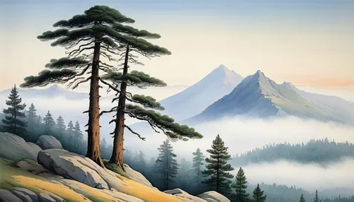 Paint a picture of a serene mountaintop covered in mist and tall pine trees.,mountain scene,watercolor pine tree,mountain landscape,pine trees,mountainous landscape,spruce-fir forest,pine tree,larch f