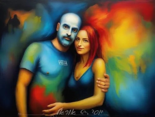 Abstract Body Art Oil Painting,oil painting on canvas,oil painting,art painting,oil on canvas,man and wife,bodypainting,social,two people,blue painting,street artists,scull,romantic portrait,man and w