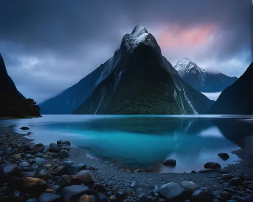 Low cloud lying below Mitre Peak at Milford Sound, Fiordland National Park, New Zealand,milford sound,new zealand,south island,nz,mitre peak,fantasy landscape,landscape photography,fjord,nordland,glac