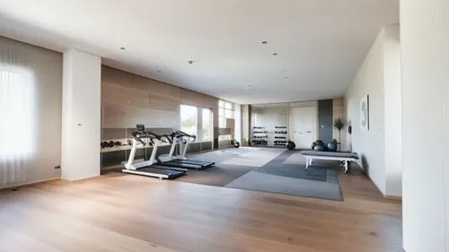 equipped gym, bright, Nordic design, white walls, ceiling lights, parquet on the floor,a large gym with several exercise machines, exercise mats, and a gym equipment line,fitness room,fitness center,f