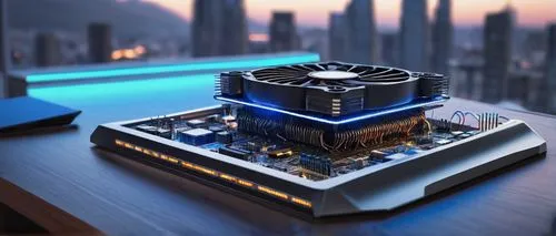 Architecture, futuristic, high-tech, Arm processor, metallic body, silver color, sleek design, LED lights, glowing blue circuits, wires, microchips, motherboard, CPU core, cooling fan, ventilation gri