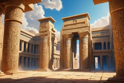 egyptian temple,ramesseum,karnak,ancient city,ancient civilization,dendera,pharaonic,wadjet,ancient buildings,pillars,karnak temple,ancient egypt,abydos,asherah,ancients,the ancient world,artemis temple,doric columns,scythopolis,colonnaded,Conceptual Art,Sci-Fi,Sci-Fi 24