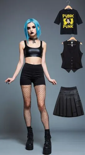 Paper doll 2d cartoon punk blue haired girl in black sleeveless shirt , black spandex shorts, complete full length fishnet and black punk knee Boots, standing surrounded by with a set of punk fashion 