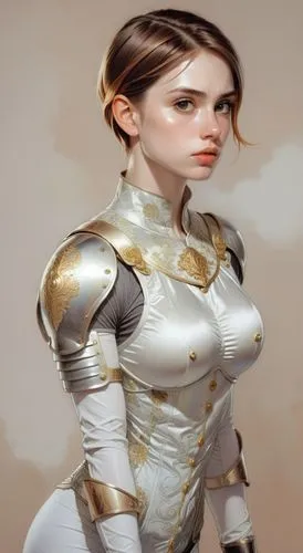 no background, anime, short hair, fit woman, big eyes, big lips,muscle woman, complete armor,a woman dressed in an armor and a suit,fembot,silver,armour,joan of arc,paladin,breastplate,Illustration,Re