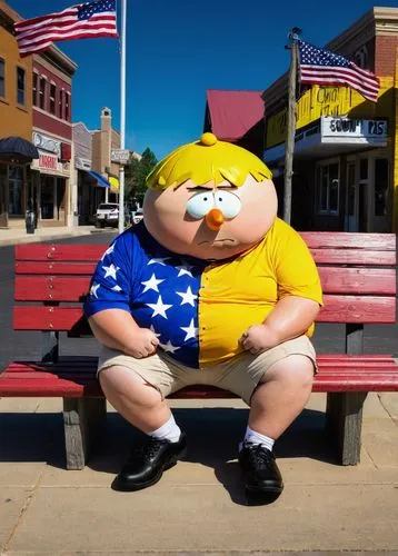 Cartman, chubby, blond hair, messy, freckles, blue eyes, smug face, yellow shirt, red hat, black shoes, sitting, legs crossed, hand on chin, thinking, South Park, Colorado, sunny day, blue sky, white 