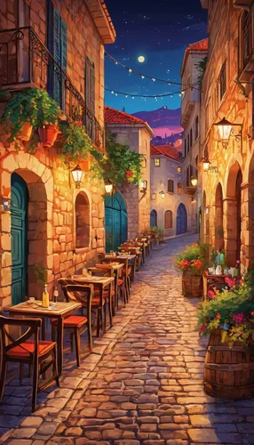 medieval street,night scene,medieval town,wine tavern,rosa cantina,tuscan,tavern,a restaurant,old city,old town,volterra,french digital background,souk,the cobbled streets,the old town,bistro,romantic night,aurora village,sicilian cuisine,meteora,Unique,Pixel,Pixel 05