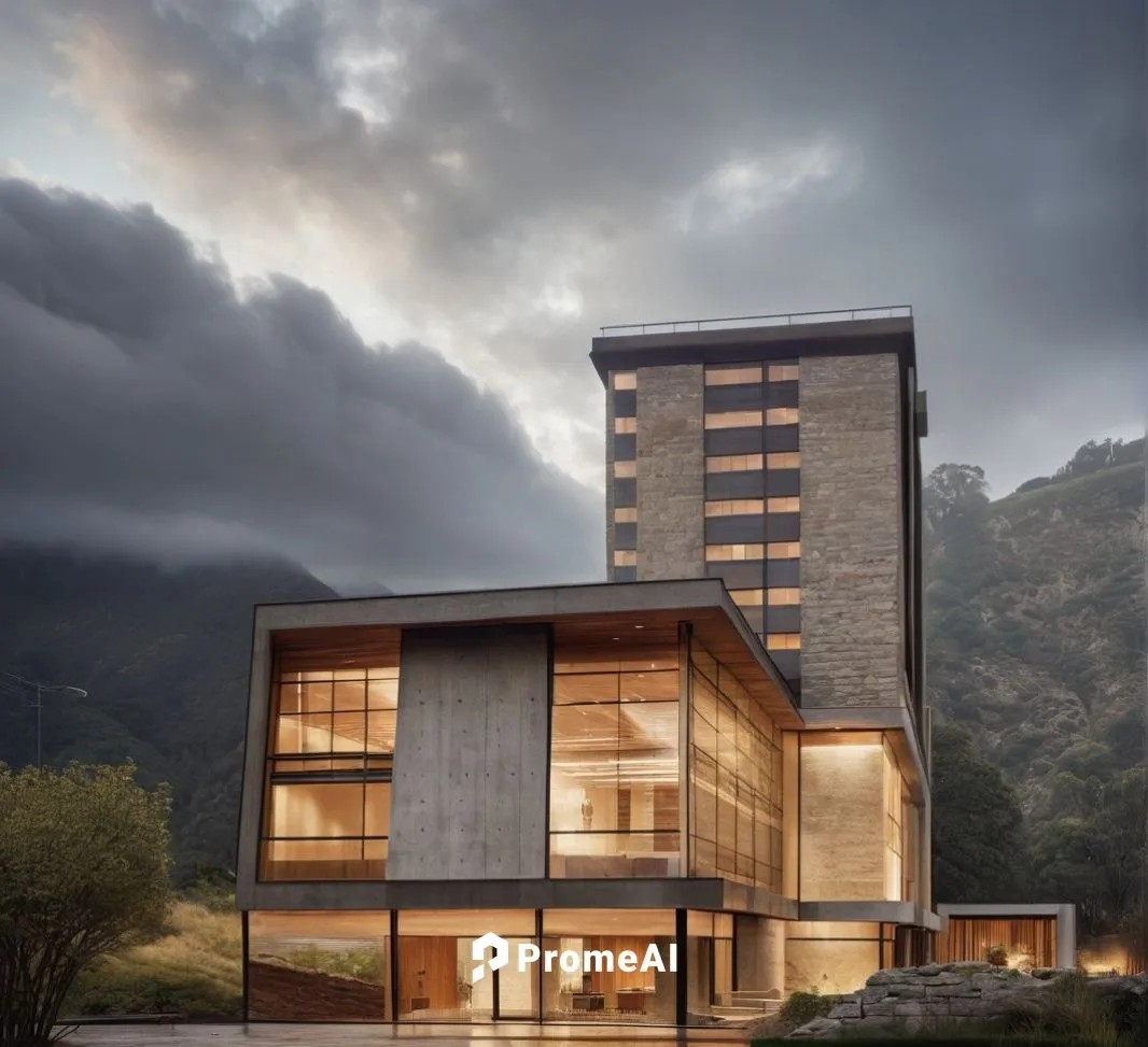 Renderizar edificação adcionar iluminação internamente ,house in the mountains,modern house,modern architecture,house in mountains,dunes house,modern building,mid century house,residential tower,build