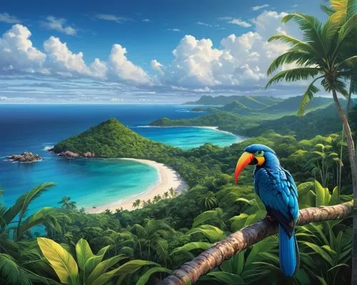 tropical birds,tropical bird,macaws of south america,bird island,tropical bird climber,blue macaws,tropical sea,blue macaw,macaws,tropical island,macaws blue gold,bird kingdom,beautiful macaw,tropical animals,blue parrot,blue and yellow macaw,bird bird kingdom,landscape background,perched toucan,nature background,Conceptual Art,Fantasy,Fantasy 03