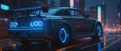 Futuristic AI generator R34, metallic body, glowing blue circuits, intricate wires, sleek design, high-tech laboratory, modern cityscape, neon lights, rainy night, misty atmosphere, close-up shot, dra