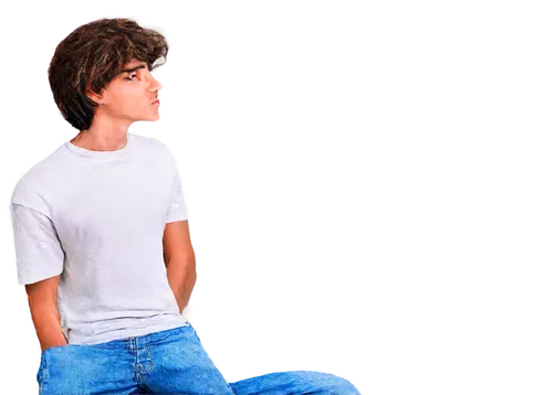 Thinking meme character, solo, (20yo), handsome detailed face, raised eyebrow, slight smile, messy brown hair, casual wear, white T-shirt, blue jeans, sneakers, hands on chin, leaning forward, humorou