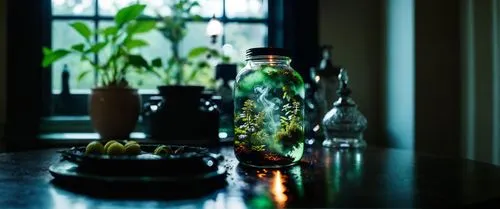 still life photography,glass bottles,tabletop photography,background bokeh,olive in the glass,lensbaby