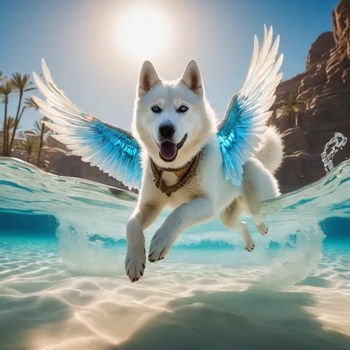 Telluric white husky with wings swimming in crystal - clear azure paradise waters, photography inspired by assasins creed origins，RAW Photo, dynamic composition, G-Master Lens, Photorealistic, Hyperre