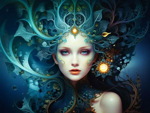 amazing fractal,an artistic and detailed artwork of a woman's face with an elaborate, decorative hair and light blue eyes,naiad,the enchantress,fantasy art,blue enchantress,melusine,amphitrite,Illustr