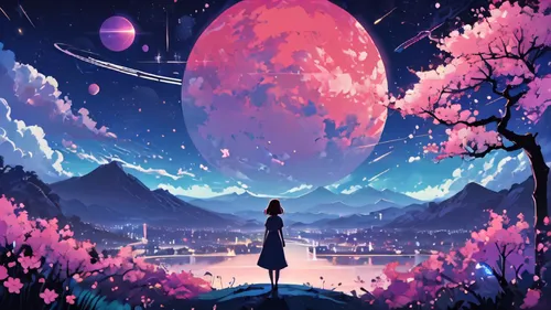 fantasia,cosmos,fairy galaxy,dream world,lunar,earth rise,cosmos field,moon and star background,fairy world,cosmos wind,space art,astral traveler,universe,芦ﾉ湖,purple landscape,japanese sakura background,free land-rose,galaxy,other world,planet,Illustration,Japanese style,Japanese Style 06