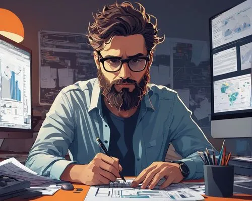 Neural network architect, designing, Reinforcement Learning (RL), AI researcher, male, 30s, casual wear, messy hair, glasses, beard, sitting, desk, multiple monitors, keyboard, mouse, papers, pens, of