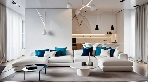 Postmodern Interior Design, Living room, bold geometrics, vivid colors, unexpected materials A luxurious white house with many sofas designed by Zaha Hadid,contemporary decor,modern decor,interior mod