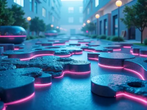 luminarias,3d render,square bokeh,cobblestoned,ambient lights,microdistrict,neon arrows,colored lights,cobblestone,cinema 4d,neon candies,cobblestones,pink squares,bokeh,futuristic landscape,paved square,3d background,city blocks,bokeh effect,pink city