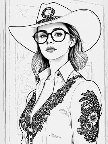 a drawing of a woman with glasses and a hat,cosima,cowpoke,akubra,cowgirl,fashion vector,librarian,Design Sketch,Design Sketch,Black and white Comic