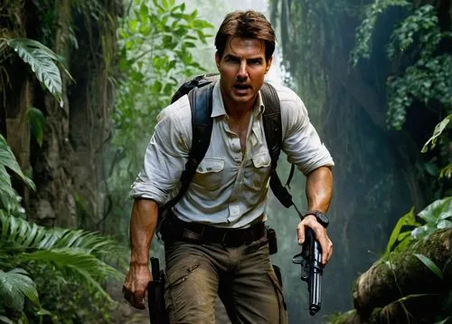 Tom Cruise, Nathan Drake, mature man, adventurous outfit, white shirt, brown leather jacket, rugged pants, backpack, gun holster, determined facial expression, sweaty forehead, messy hair, stubble, st