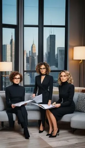 Modern interior design competition show, luxurious living room, 3 judges sitting on a sleek grey sofa, 1 female judge with curly brown hair, glasses, elegant makeup, wearing a black turtleneck dress, 