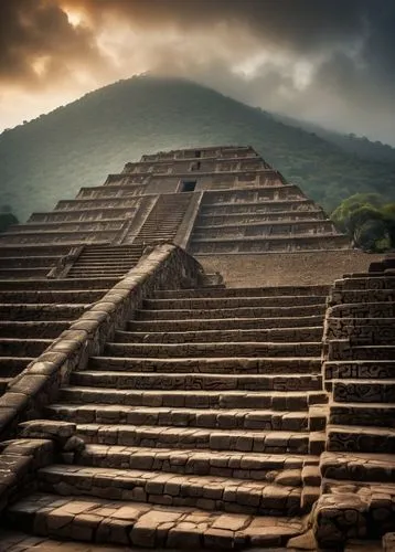 Mesoamerican architecture, Teotihuacan pyramid, ancient ruins, Mexico, stone structures, intricate carvings, serpent heads, stairs, temples, Mesoamerican motifs, vibrant murals, detailed textures, atm