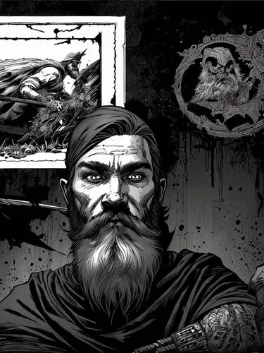 bandana background,dead earth,rasputin,digital illustration,digital drawing,merle black,game illustration,game drawing,day of the dead frame,digital artwork,digital art,odin,viking,frame illustration,sci fiction illustration,hieromonk,archimandrite,concept art,dwarf sundheim,game art,Art sketch,Art sketch,Comic