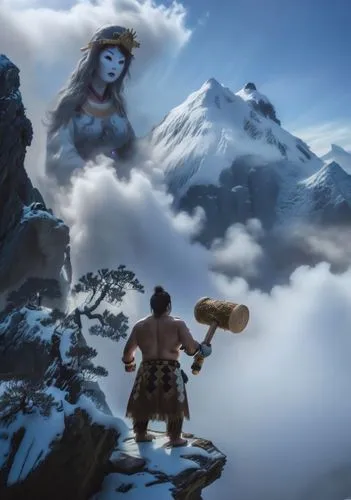 the spirit of the mountains,gnome skiing,mountain guide,mountain world,valhalla,above the clouds,barbarian,fantasy picture,skyrim,mountaineering,cloud mountain,mountaineer,mountain rescue,himalayan,mountain climbing,messenger of the gods,mountain scene,guards of the canyon,hanuman,skylander giants