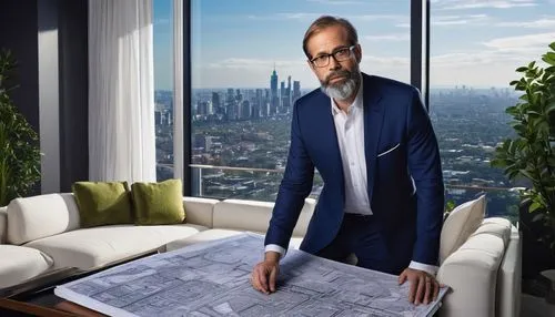 middle-aged man, master of interior design, standing, confident posture, bespectacled, short brown hair, neatly trimmed beard, white shirt, dark blue suit, black tie, holding a roll of blueprints, lux