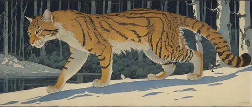 siberian tiger,a tiger,type royal tiger,chestnut tiger,tiger,tigers,bengal tiger,asian tiger,young tiger,tiger png,royal tiger,tiger cub,tervuren,snow scene,amurtiger,bengal,forest animal,winter animals,cool woodblock images,the amur adonis,Illustration,Retro,Retro 07