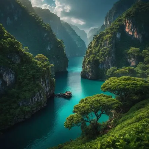 vietnam,river landscape,teal blue asia,halong bay,southeast asia,guizhou,emerald sea,beautiful landscape,beautiful lake,guilin,landscapes beautiful,chongqing,vietnam's,green trees with water,khao phing kan,fantasy landscape,green waterfall,nature landscape,viet nam,yunnan,Photography,General,Fantasy