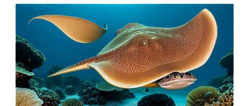 Happy stingray, underwater, yellow brown body, white belly, long tail, smiling face, big eyes, shiny skin, coral reef background, sunlight filtering through water, 3/4 composition, shallow depth of fi