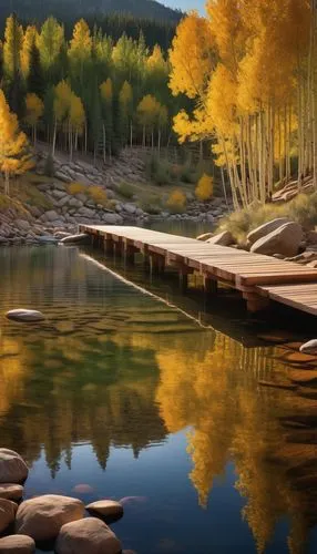 Landscape architecture, Colorado, mountainside, Aspen trees, evergreen forests, rustic wooden bridges, natural stone walls, serene lakeside, gentle water ripples, sailboats, warm sunlight, soft misty 