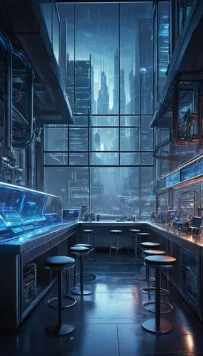 Modern ADC architecture, futuristic laboratory interior, sleek metallic surfaces, intricate circuit boards, wires, microchips, robotic arms, holographic displays, blue LED lights, transparent glass ta