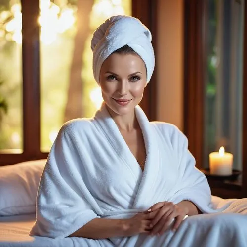 Russian mature lady, solo, 30yo, relaxed facial expression, subtle smile, elegant hairstyle, simple yet bold makeup, luxurious spa robe, soft white towel wrapped around her head, reclining on a comfor