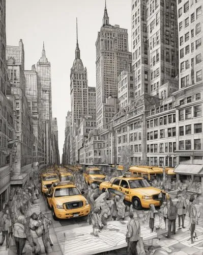 new york taxi,yellow taxi,feininger,cityscapes,world digital painting,taxicabs,manhattan,new york streets,colorization,new york,city scape,wall street,newyork,willink,taxi cab,megacities,taxis,pencil art,chrysler building,cabbies,Illustration,Black and White,Black and White 11