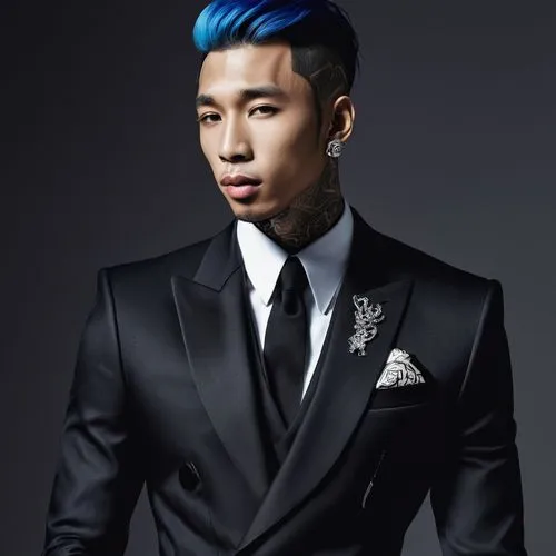 Ultraman Tyga dressed in a black suit and handsome Korean celeb colored hair and beautiful cheekbones,mohawk hairstyle,kai yang,teal blue asia,choi kwang-do,janome chow,male model,hon khoi,navy suit,m