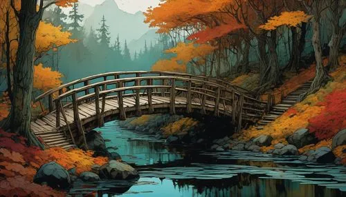 wooden bridge,fall landscape,autumn forest,autumn landscape,scenic bridge,adventure bridge,autumn theme,autumn scenery,bridge,dragon bridge,forest lake,hangman's bridge,autumn background,autumn idyll,autumn mountains,forest landscape,bridges,uzak,old bridge,autumnal,Conceptual Art,Sci-Fi,Sci-Fi 01