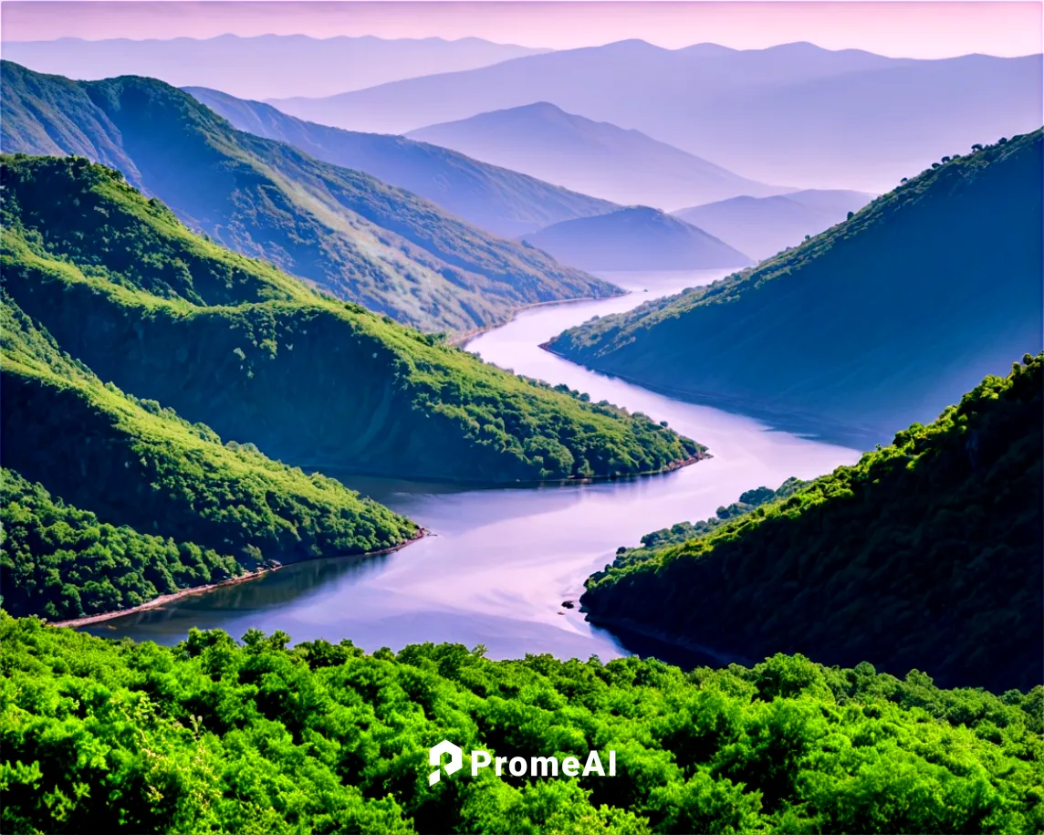 Mountainous landscape, misty atmosphere, rolling hills, winding river, calm waters, rocky shores, lush greenery, distant waterfall, majestic peaks, warm sunlight, soft focus, panoramic view, cinematic