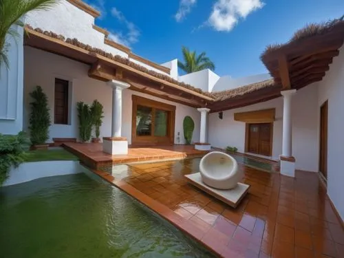 DISEÑO DE UNA CASA ESTILO MEXICANO MODERNO, CON UN CLAUSTRO CONFORMADO POR UNA TERRAZA  A BASE DE VIGAS DE MADERA, TEJA, COLUMNAS REDONDAS, EN EL CENTRO UN ESPEJO DE AGUA, CON EL ESTILO DE LA ARQUITEC