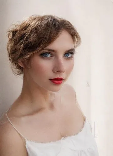 a portrait of a beautiful young caucasian girl 25 years old, brown hair, red lips, blue eyes, confident expression in a white nighty stand up in a balcony at morning whit lighting natural and Venezia 