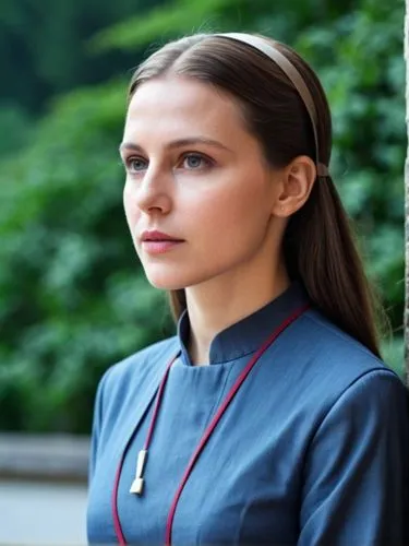 Theresa von Kalkutta,woman with ponytail wearing blue uniform looking at camera,female nurse,female doctor,nurse,sarikaya,petrova,tereshkova,Photography,General,Realistic