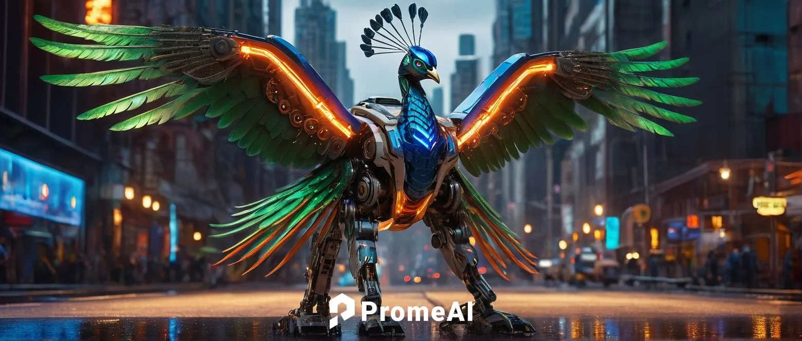 Peacock-inspired robot, Transformers series, metallic blue and green feathers, glowing orange eyes, robotic legs, sharp claws, majestic wings, detailed mechanical structure, cityscape background, futu