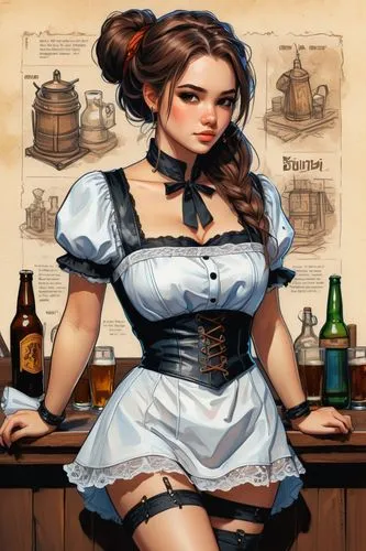 barmaid,bartender,waitress,milkmaid,oktoberfest background,oktoberfest,maid,oktoberfest celebrations,bavarian,victorian lady,country dress,hostess,barista,pub,steampunk,girl in the kitchen,female alcoholism,corset,the sea maid,cigarette girl,Illustration,Paper based,Paper Based 07