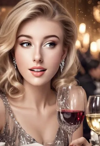 Beautiful blonde lady sitting at a glitzy celebrity dinner at an awards gala, smiling, wearing an evening gown, with wine and napkins on the table. Casual candid photo. Paparazzi style. Dark room. Ind