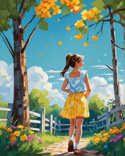 girl picking flowers,springtime background,girl in flowers,girl with tree,little girl in wind,spring background,summer day,world digital painting,girl in the garden,children's background,landscape background,girl and boy outdoor,flower painting,digital painting,yellow garden,autumn background,yellow daisies,falling flowers,idyllic,kids illustration,Art,Artistic Painting,Artistic Painting 45