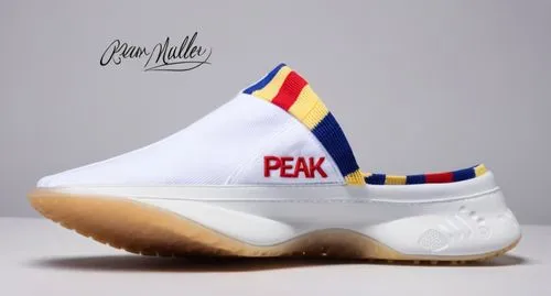 Sock upper slipper, ribbed collar, nylon logo patch "PEAK" name, foot logo on sole, gel accent sole, all white with multi colored accent color scheme ,PEAK sock slipper ,feiyue,fila,fendi,fenix,feagle