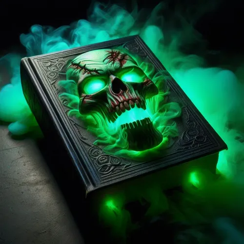 Smoke billows, eyes flicker yellow, mouth closes,an illuminated skull inside a black book,spellbook,magic grimoire,grimoire,magic book,green icecream skull,book wallpaper