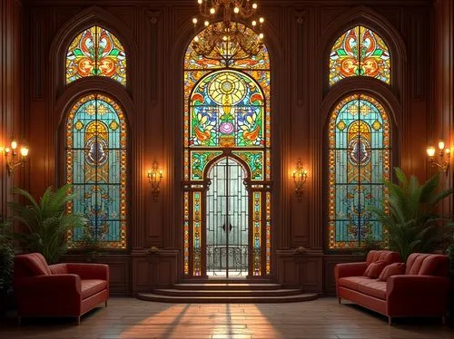 stained glass windows,stained glass,stained glass window,ornate room,art nouveau frames,stained glass pattern,art nouveau frame,glass window,victorian room,leaded glass window,wooden windows,big window,sanctuary,interior decor,window,conservatory,church windows,lobby,art deco frame,interiors,Photography,General,Realistic